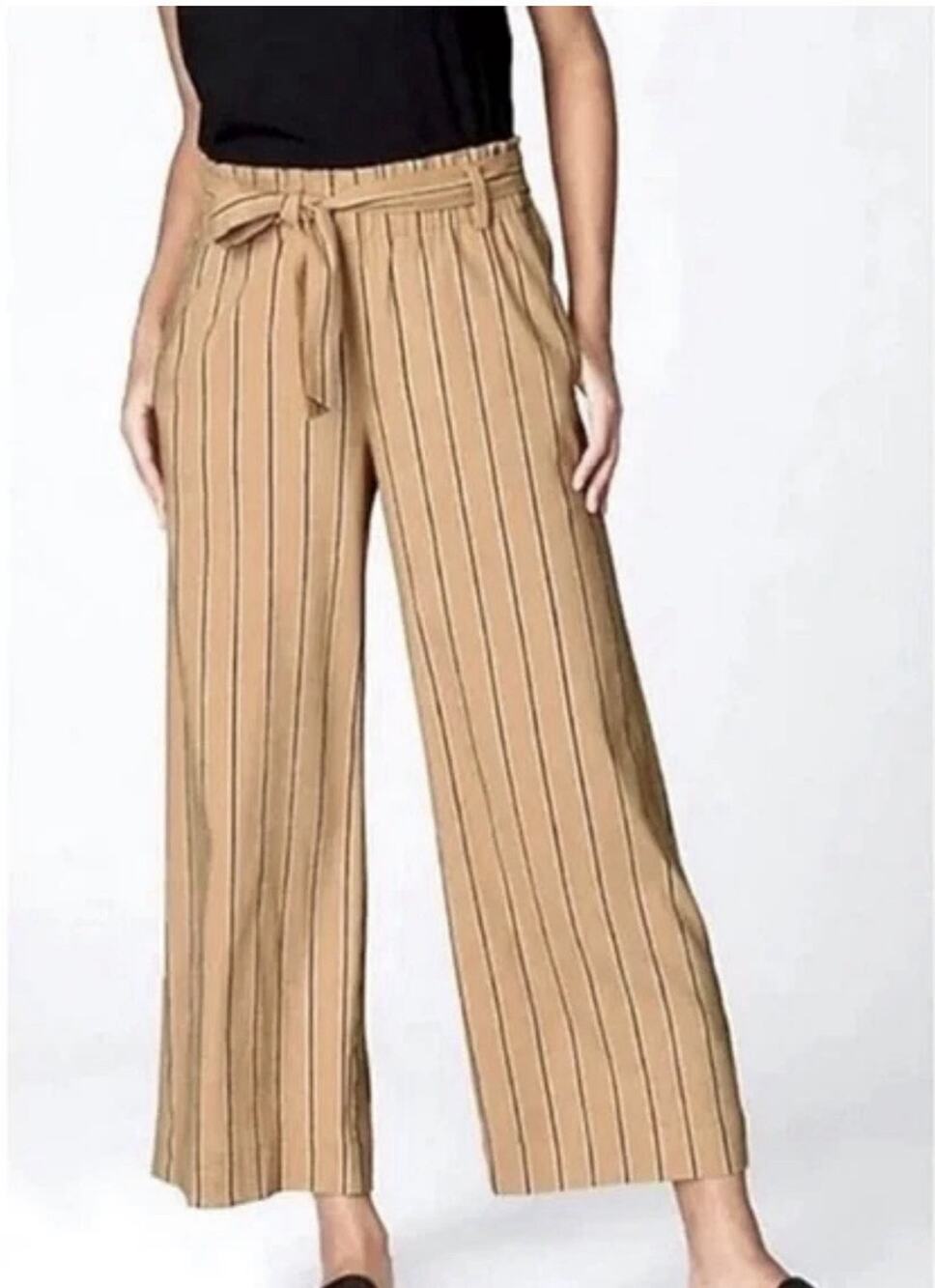 J Jill Emilie Linen Stretch Wide Leg Crop Pants S Yellow Stripe Belted Coastal